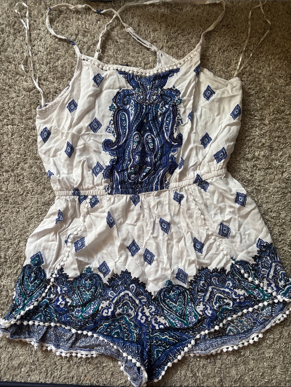 Angie White Camisole Romper with Blue Paisley Print